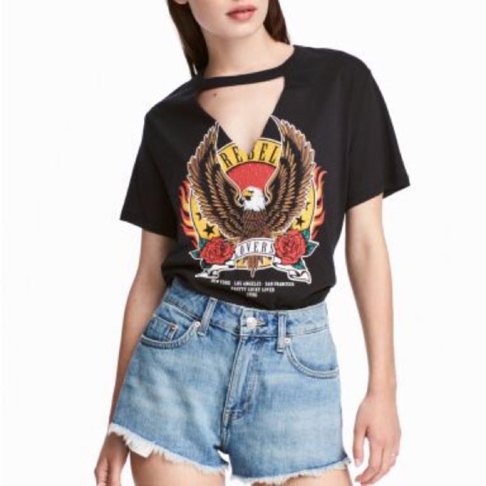 H & M “Rebel Lovers” black cropped t shirt L